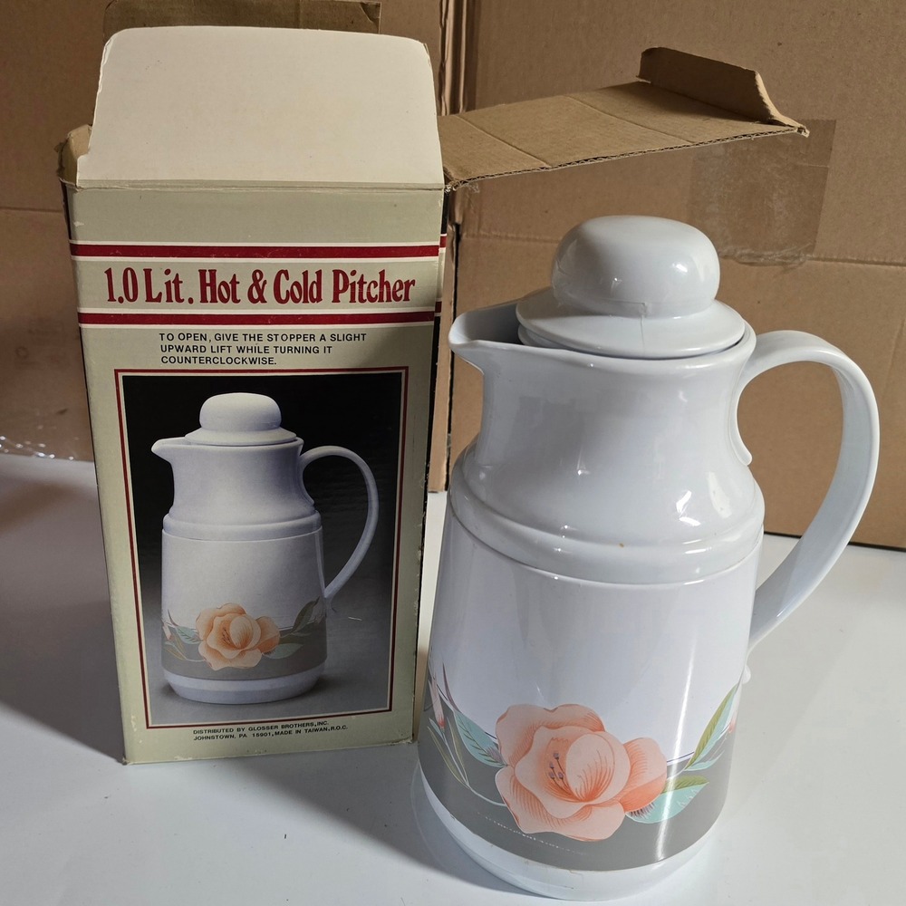 Vintage 1.0L Hot & Cold‎ Insulated Pitcher Thermal Carafe Rose Floral w Box